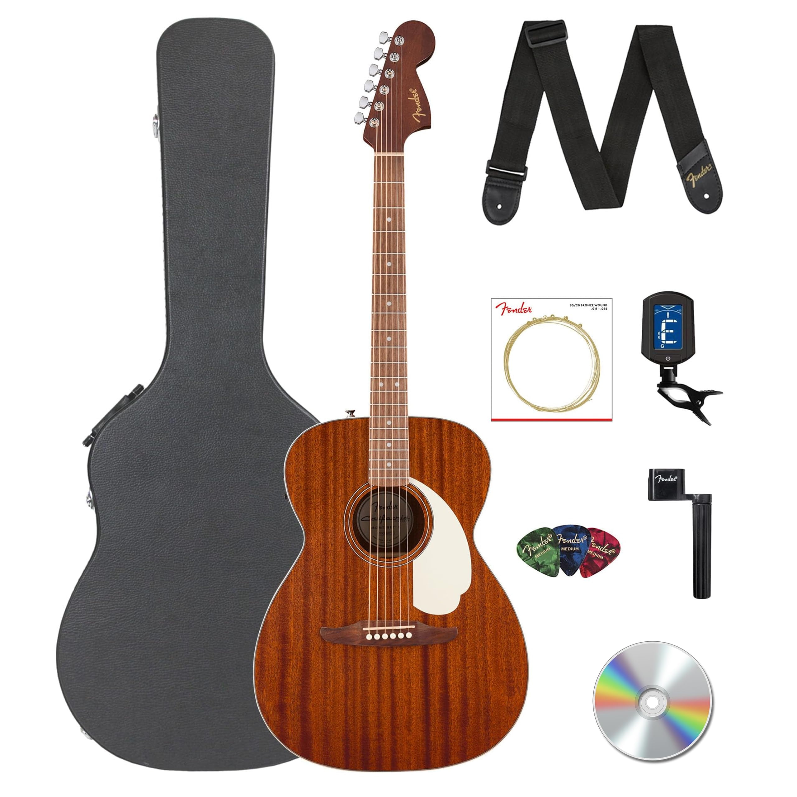 Fender California Standard Monterey E Acoustic-Electric Guitar - Natural Sapele Bundle with Case, Tuner, Strap, Strings, String Winder, Picks, and Austin Bazaar Instructional DVD