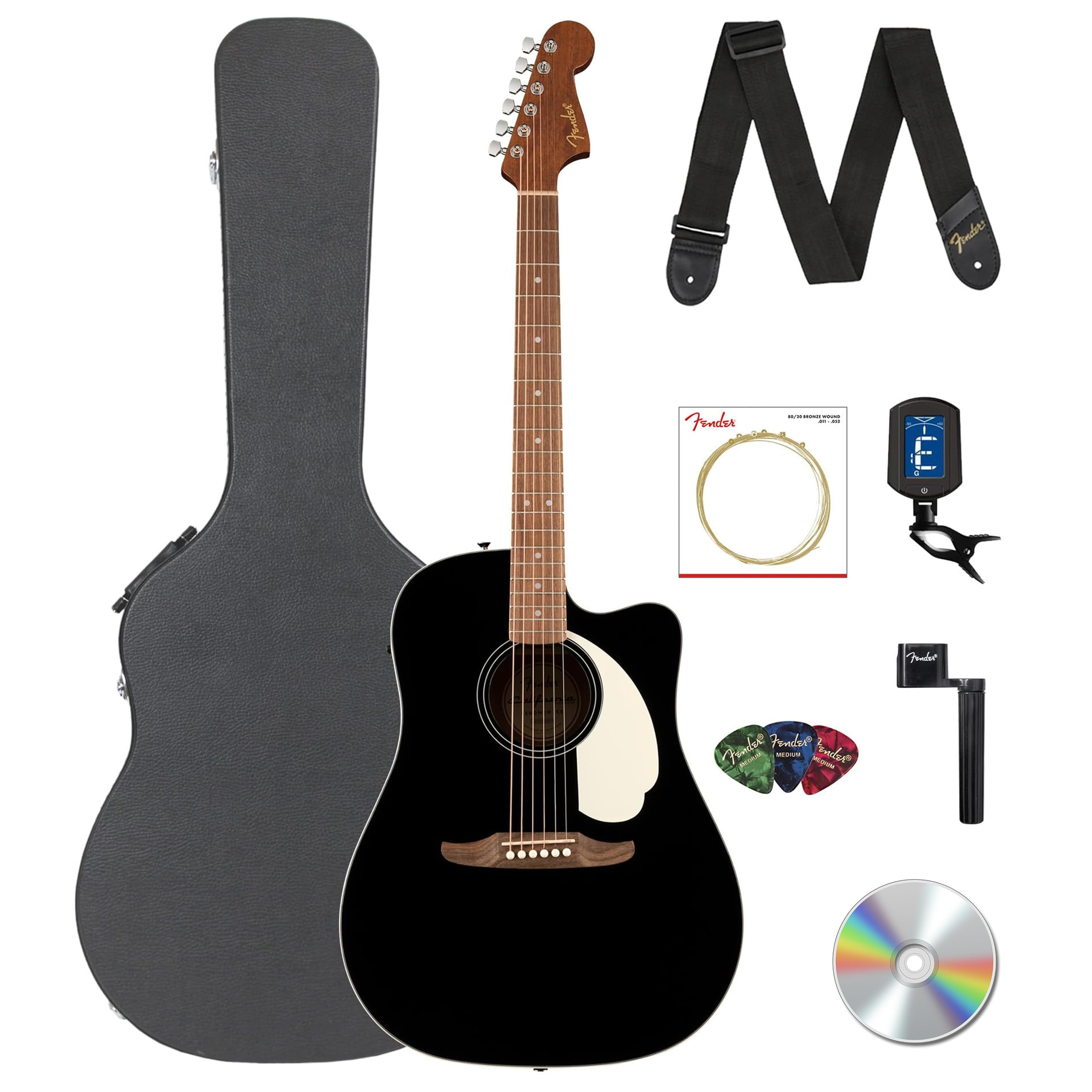Fender California Standard Redondo CE Acoustic-Electric Guitar - Black Bundle with Case, Tuner, Strap, Strings, String Winder, Picks, and Austin Bazaar Instructional DVD