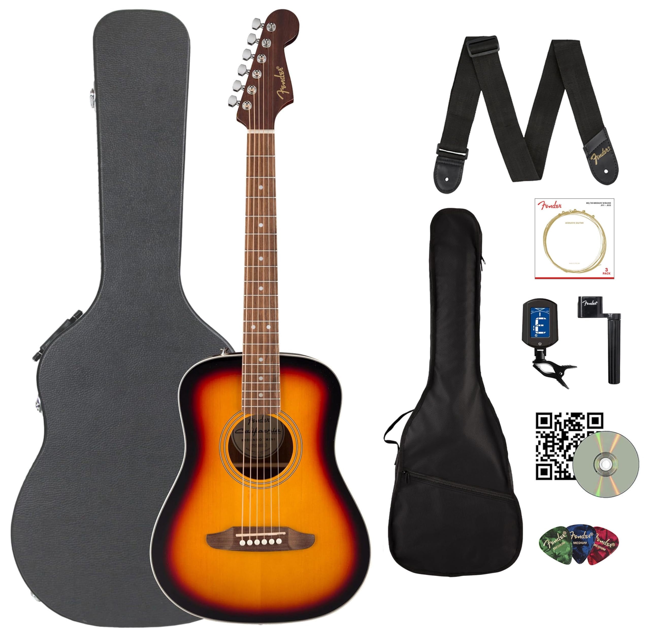 Fender California Standard Redondo Mini Acoustic Guitar - 3 Color Sunburst Bundle with Hard Case, Gig Bag, Tuner, Strings, Strap, String Winder, Picks, and Austin Bazaar Instructional DVD