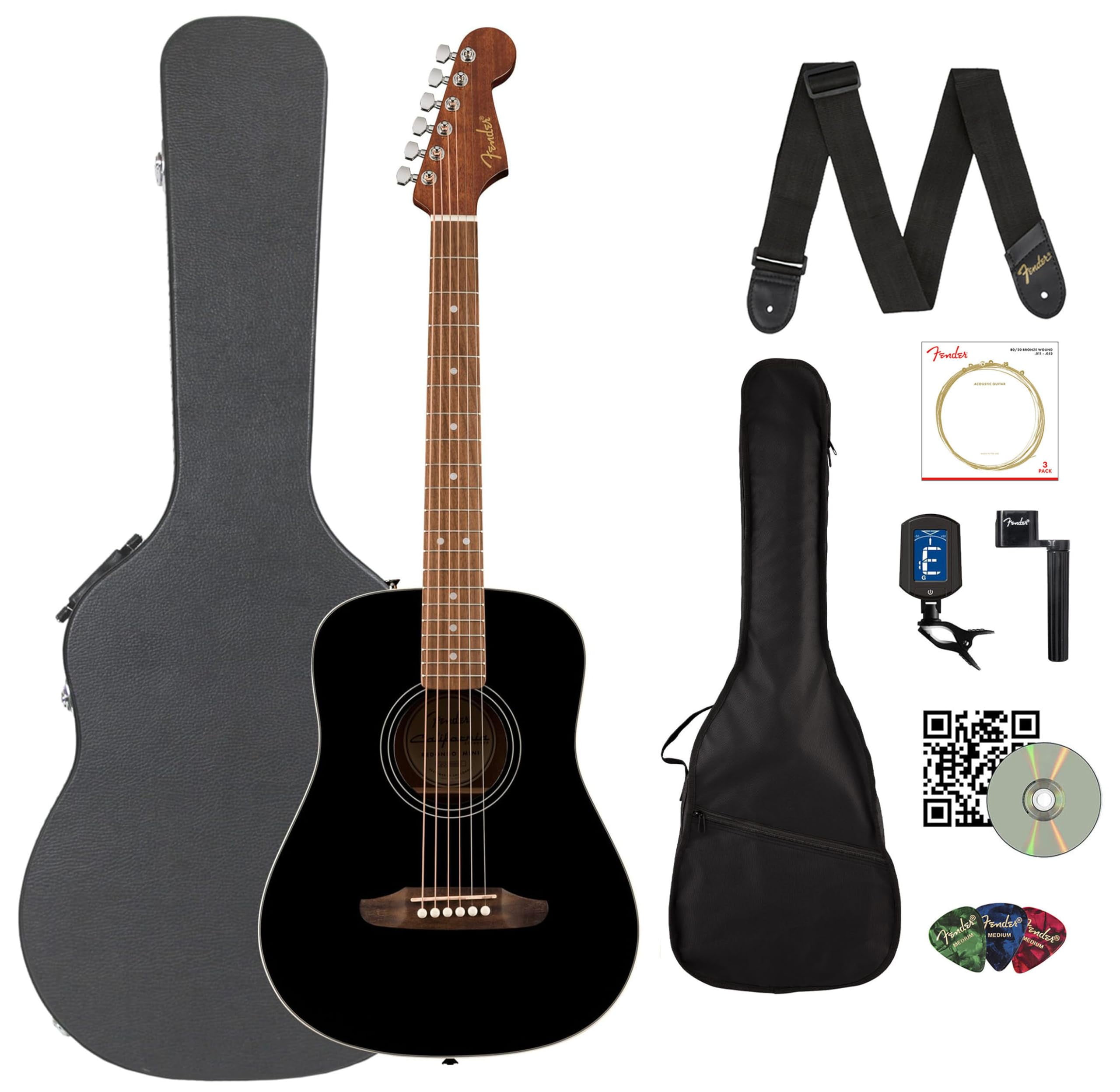 Fender California Standard Redondo Mini Acoustic Guitar - Black Bundle with Gig Bag, Hard Case, Tuner, Strings, Strap, String Winder, Picks, and Austin Bazaar Instructional DVD