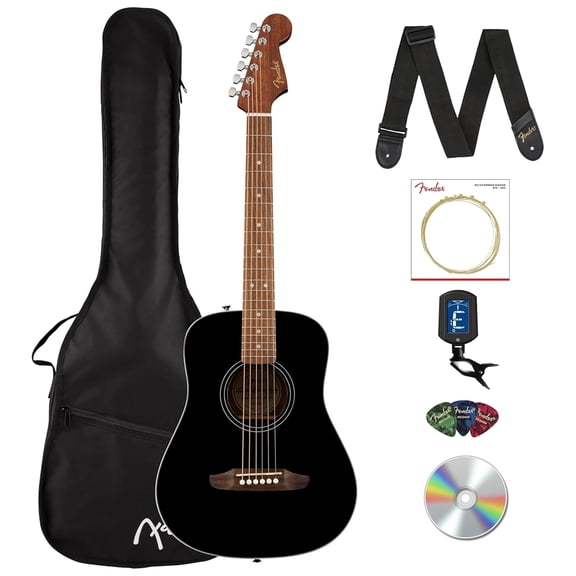 Fender California Standard Redondo Mini Acoustic Guitar - Black Bundle with Gig Bag, Tuner, Strap, Strings, Picks, and Austin Bazaar Instructional DVD