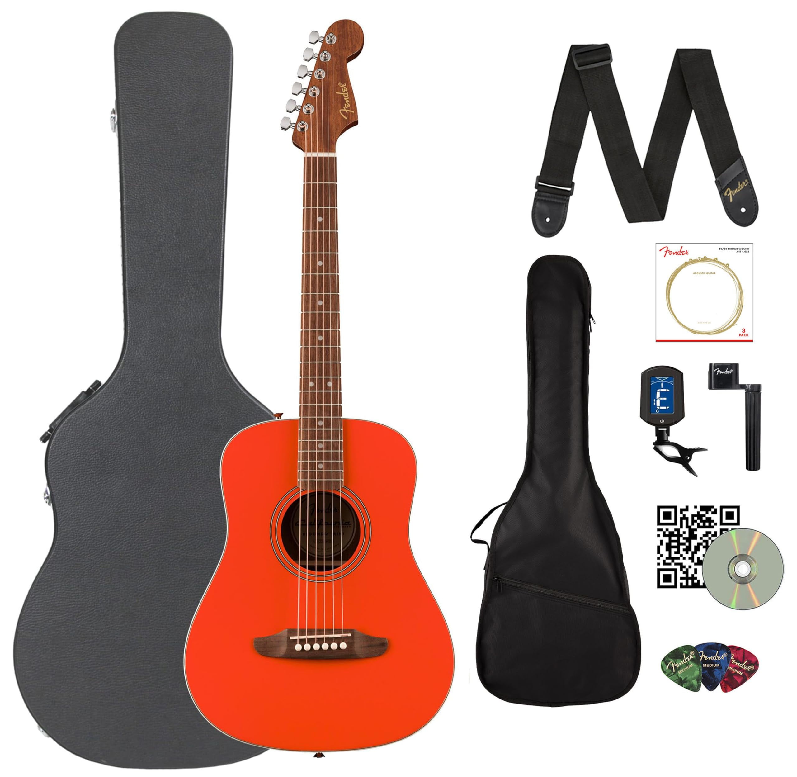 Fender California Standard Redondo Mini Acoustic Guitar - Fiesta Red Bundle with Gig Bag, Hard Case, Tuner, Strings, Strap, String Winder, Picks, and Austin Bazaar Instructional DVD