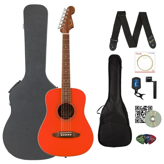 Fender California Standard Redondo Mini Acoustic Guitar - Fiesta Red Bundle with Gig Bag, Hard Case, Tuner, Strings, Strap, String Winder, Picks, and Austin Bazaar Instructional DVD