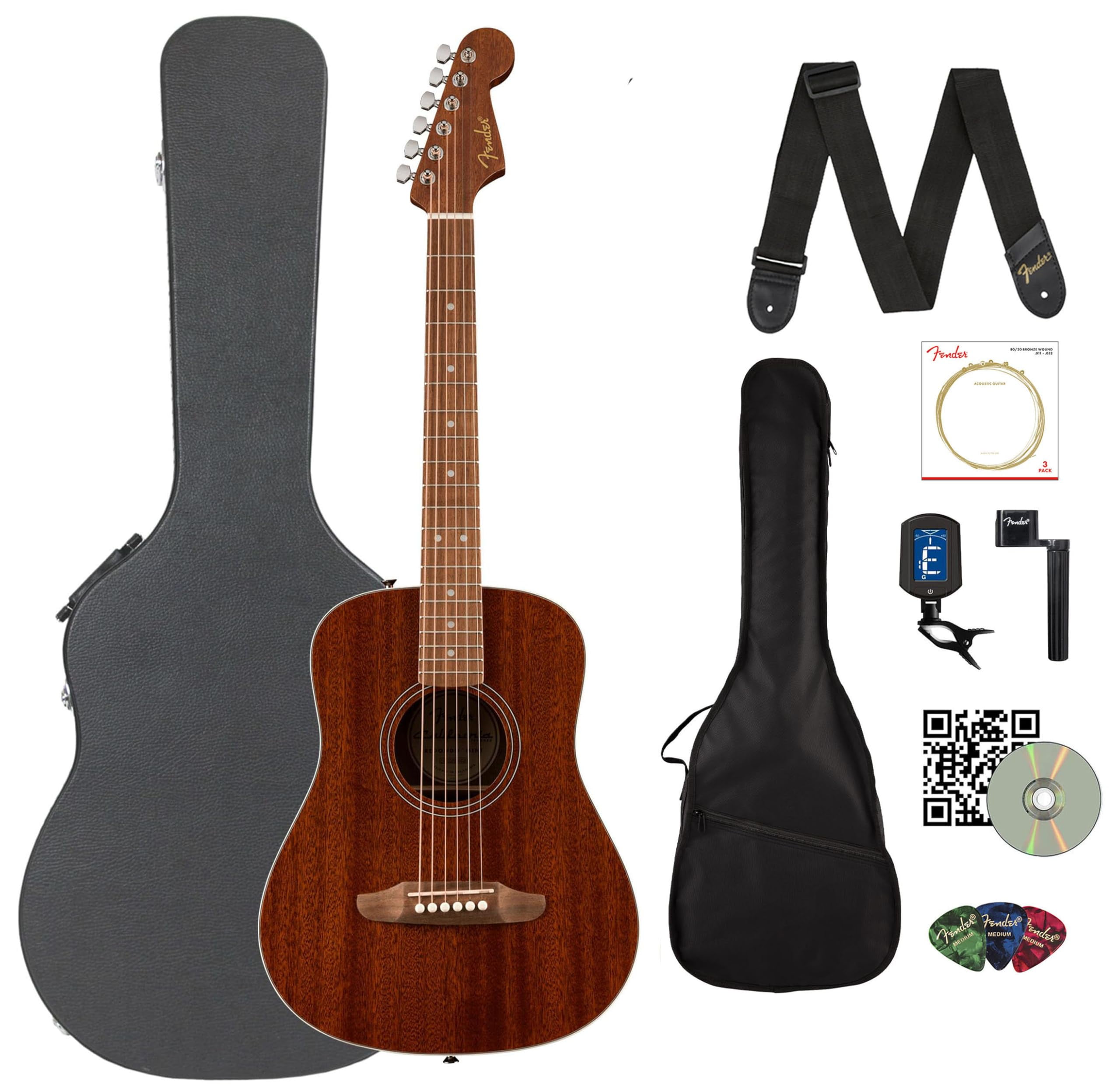 Fender California Standard Redondo Mini Acoustic Guitar - Natural Sapele Bundle with Gig Bag, Hard Case, Tuner, Strings, Strap, String Winder, Picks, and Austin Bazaar Instructional DVD