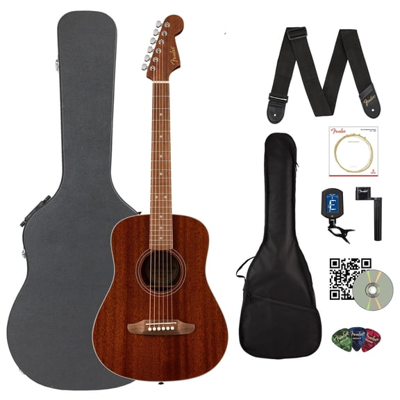 Fender California Standard Redondo Mini Acoustic Guitar - Natural Sapele Bundle with Gig Bag, Hard Case, Tuner, Strings, Strap, String Winder, Picks, and Austin Bazaar Instructional DVD