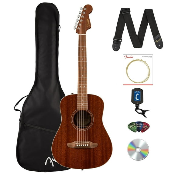 Fender California Standard Redondo Mini Acoustic Guitar - Natural Sapele Bundle with Gig Bag, Tuner, Strap, Strings, Picks, and Austin Bazaar Instructional DVD