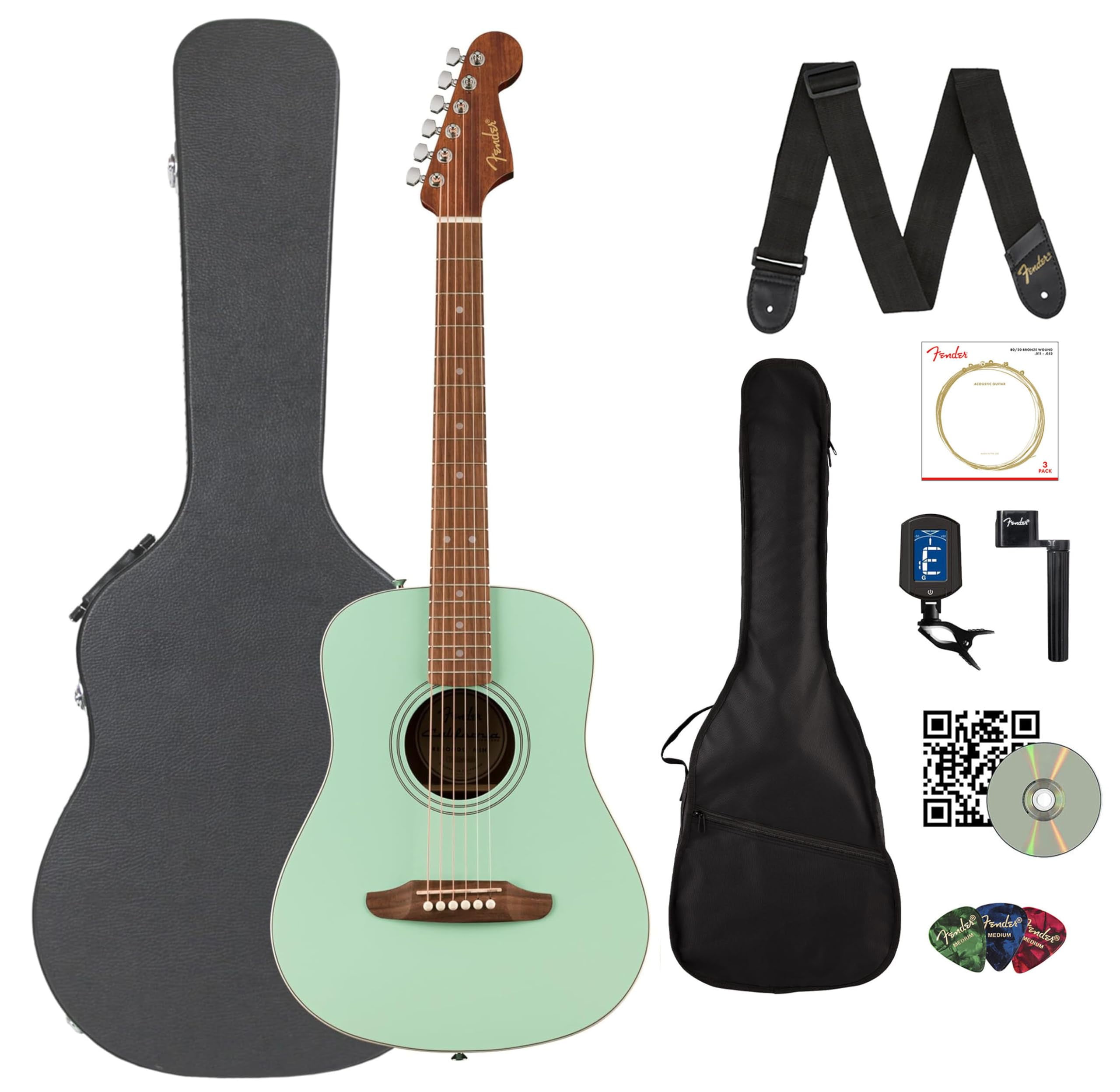 Fender California Standard Redondo Mini Acoustic Guitar - Surf Green Bundle with Gig Bag, Hard Case, Tuner, Strings, Strap, String Winder, Picks, and Austin Bazaar Instructional DVD