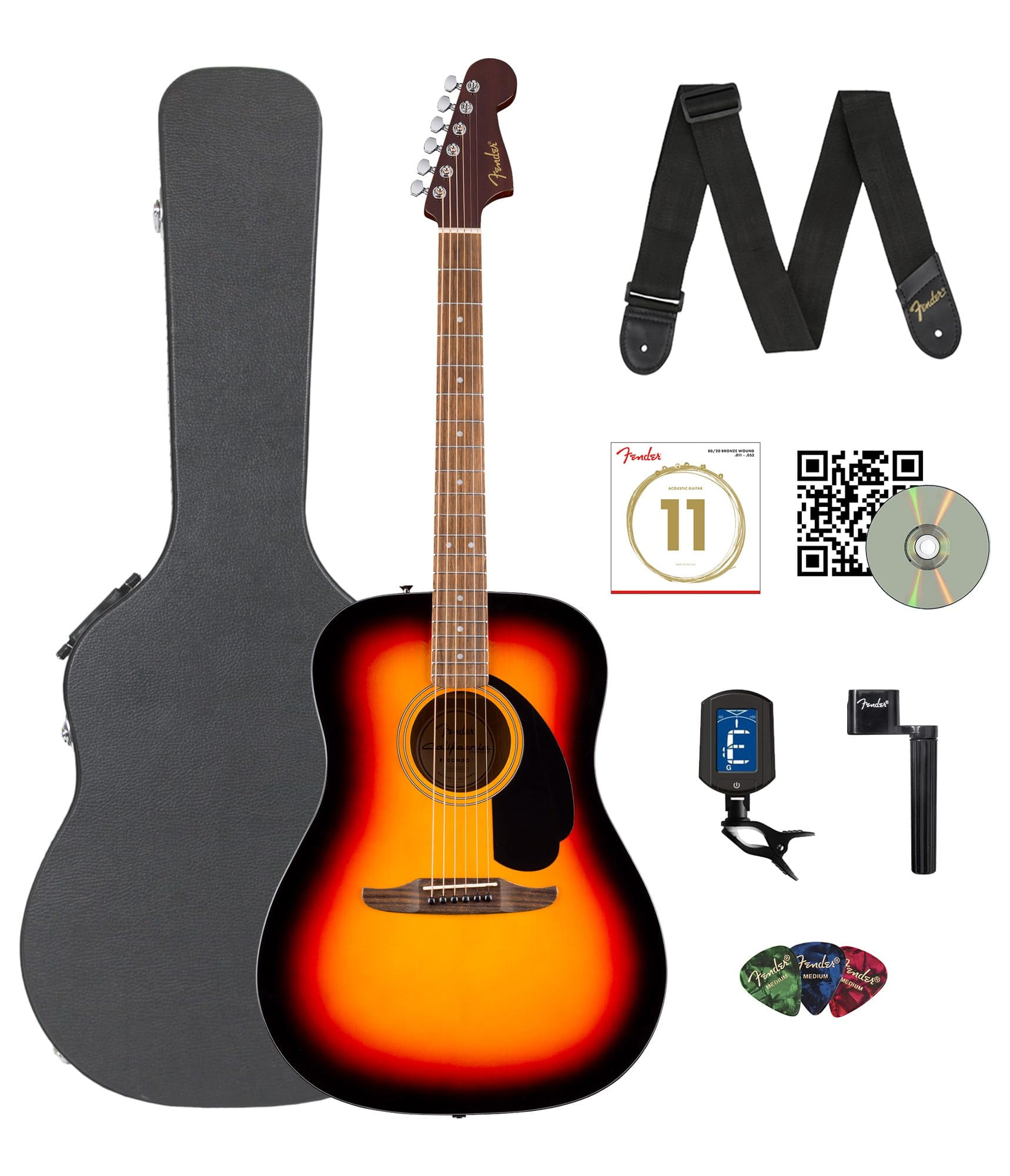 Fender California Standard Redondo Spruce Top Acoustic Guitar - 3-Color Sunburst Bundle with Hard Case, Tuner, Strings, Strap, String Winder, Picks, and Austin Bazaar Instructional DVD