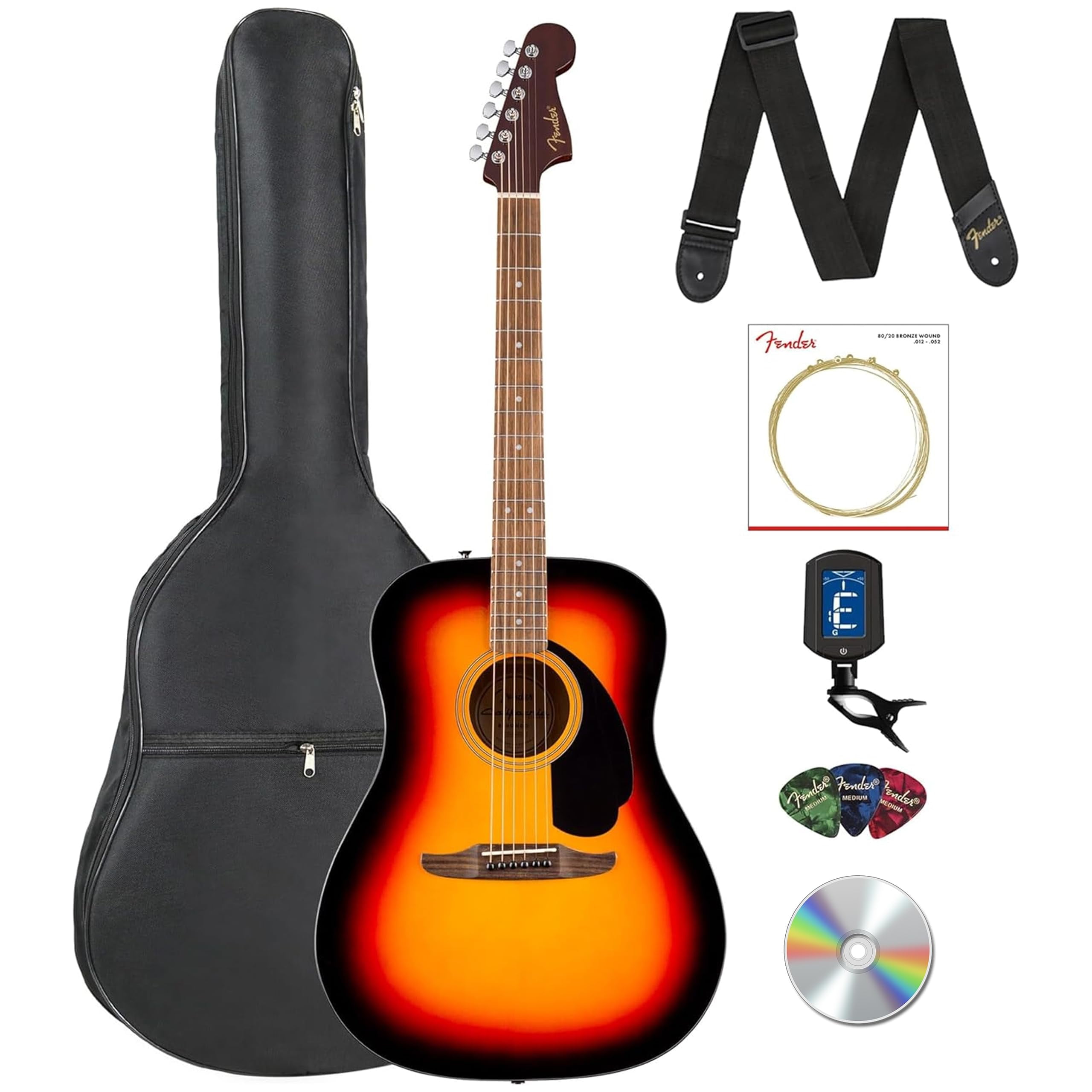 Fender California Standard Redondo Spruce Top Black Pickguard Acoustic Guitar - 3-Color Sunburst Bundle with Gig Bag, Tuner, Strap, Strings, Picks, and Austin Bazaar Instructional DVD
