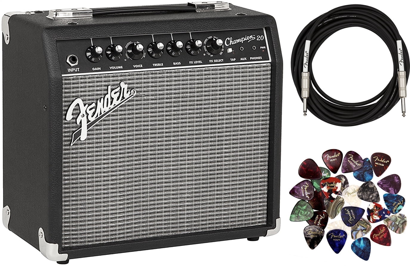 Fender Champion 20 Guitar Amplifier Bundle with Instrument Cable, 24 Picks, and Austin Bazaar Polishing Cloth