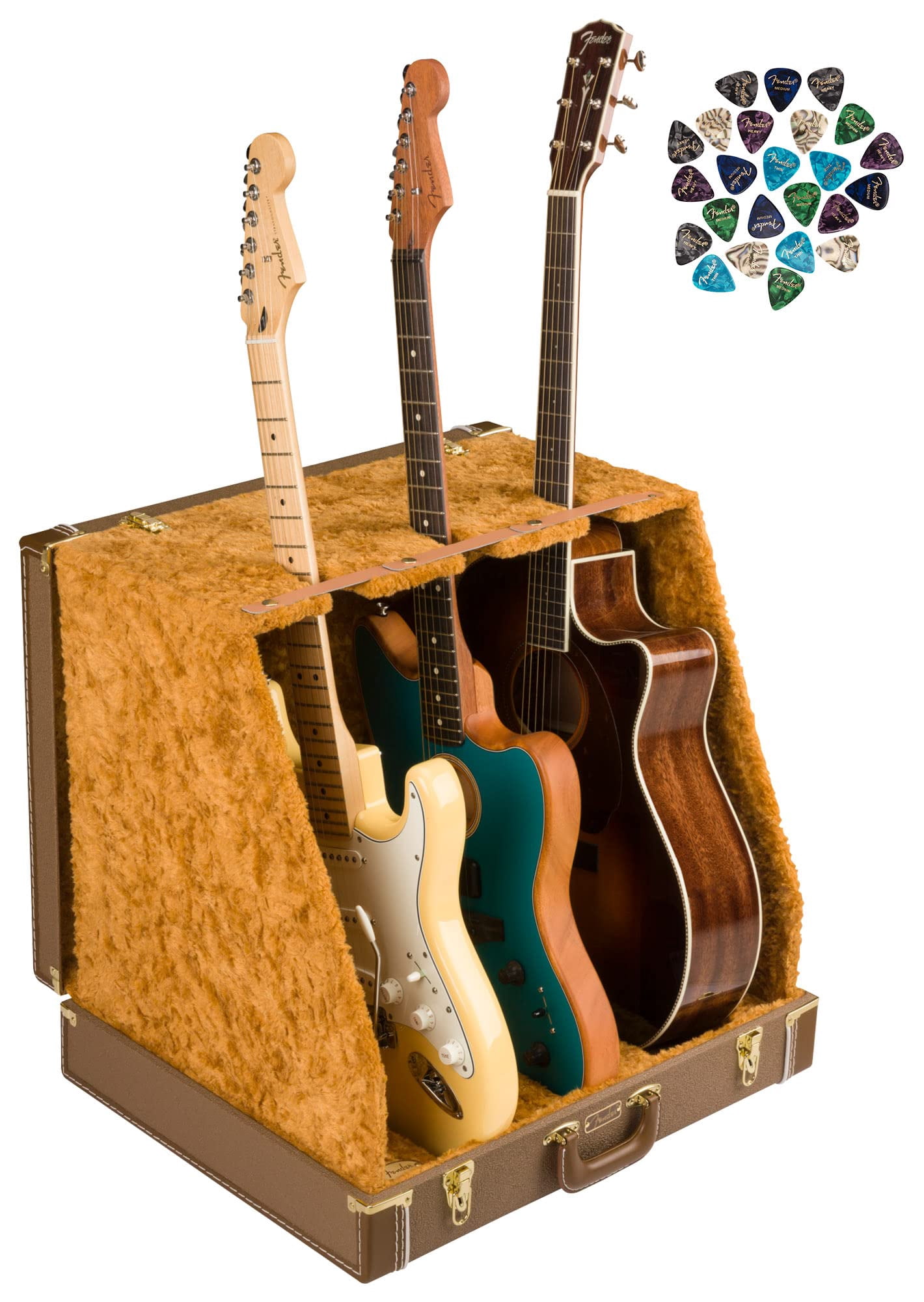Fender Classic Series Case Stand - 3 Guitars Brown Bundle with Austin Bazaar Exclusive 24-Pack Picks