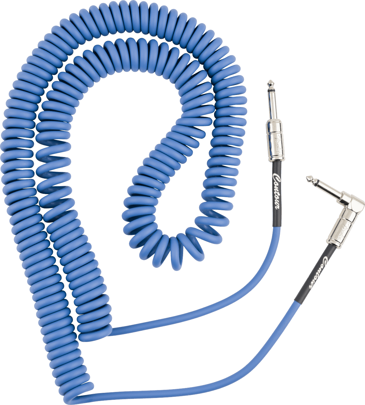 Fender Contour 1/4" Straight to 1/4" Right Angle Coiled Instrument Cable, 30', Lake Placid Blue