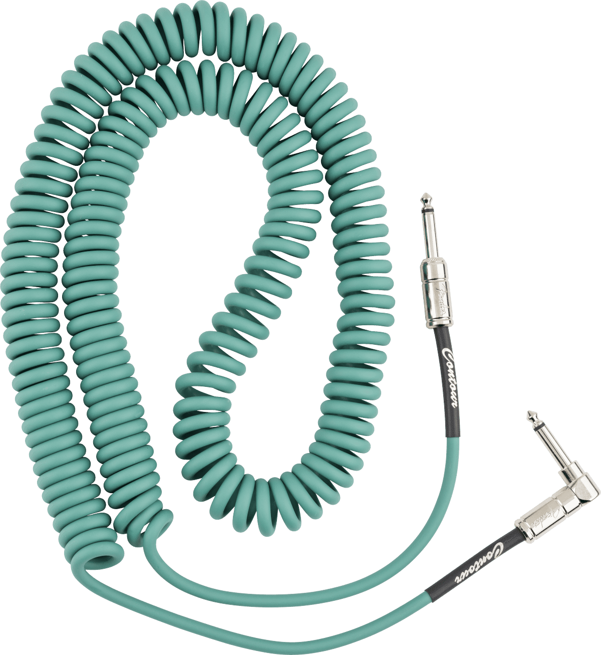 Fender Contour 1/4" Straight to 1/4" Right Angle Coiled Instrument Cable, 30', Sherwood Green