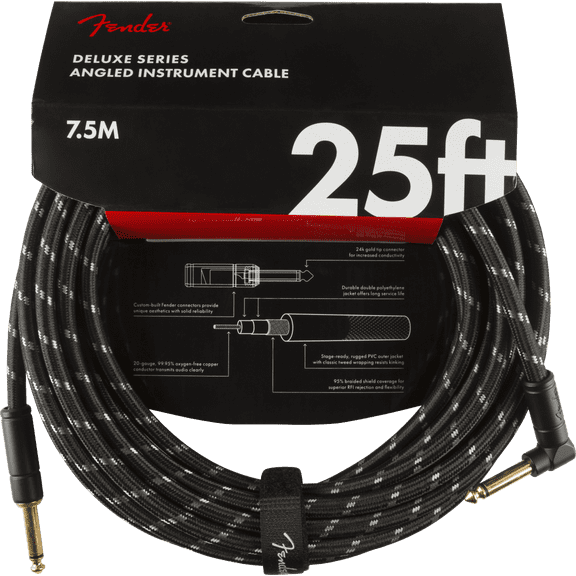 Fender Deluxe Instrument Cable, Straight/Angle, 25', Black Tweed #0990820077