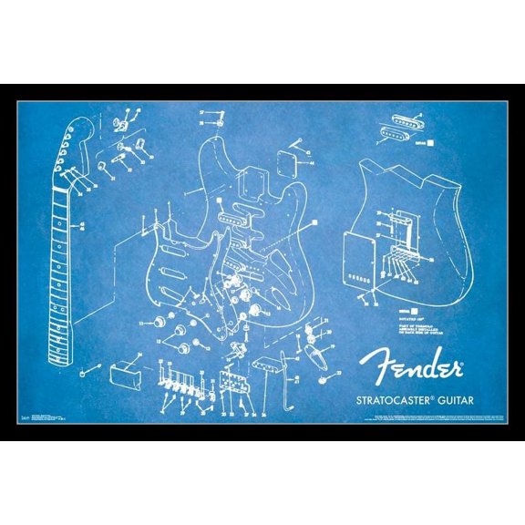 Fender - Exploded Strat Laminated & Framed Poster Print (34 x 22)