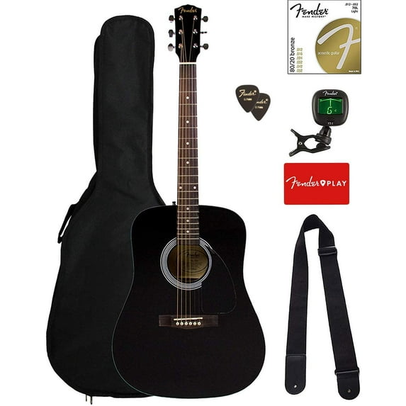 Fender FA-115 Dreadnought Acoustic Guitar Bundle with Gig Bag, Tuner, Strings, Strap and Picks, Black