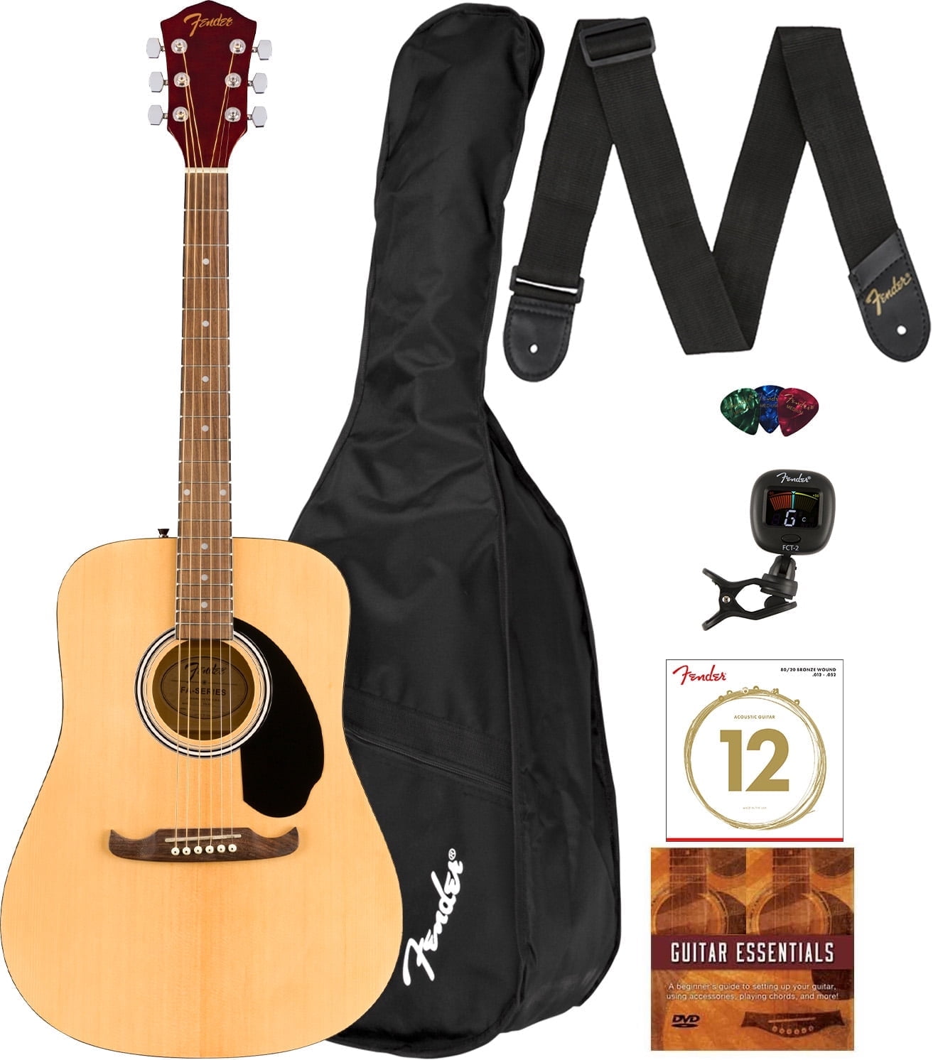 Fender FA-125 Dreadnought Acoustic Guitar - Natural Bundle with Gig Bag, Tuner, Strap, Strings, Picks, and Austin Bazaar Instructional DVD
