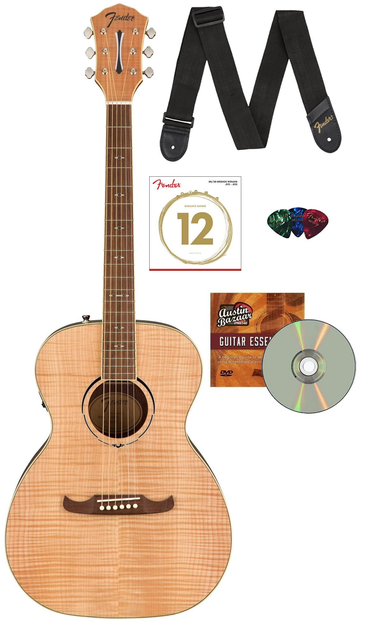 Fender FA-235E Concert Acoustic-Electric Guitar - Natural Bundle with Strap, Strings, Picks, Fender Play Online Lessons, and Austin Bazaar Instructional DVD