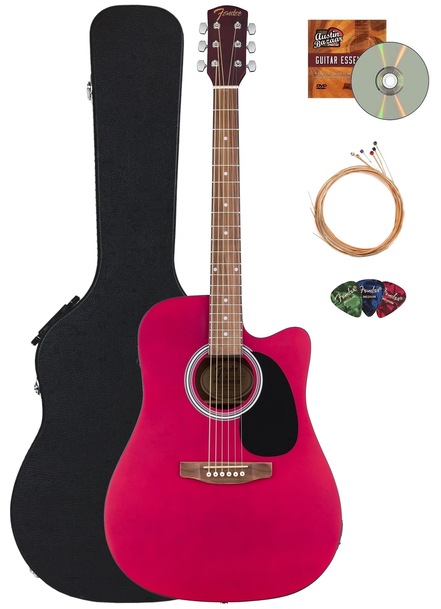 Fender FA Series Dreadnought Acoustic-Electric Guitar - Crimson Red Bundle with Case, Strings, Picks, and Austin Bazaar Instructional DVD