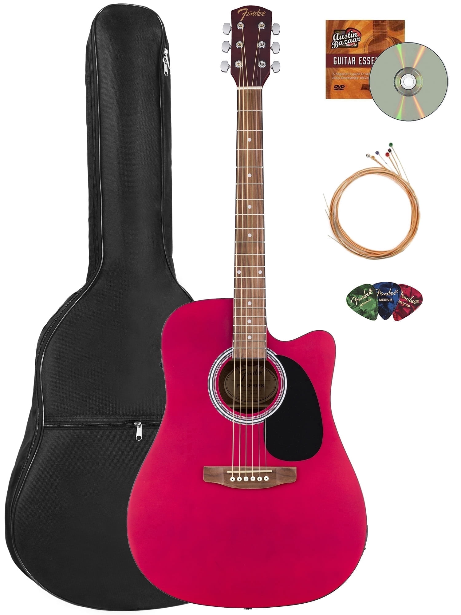 Fender FA Series Dreadnought Acoustic-Electric Guitar - Crimson Red Bundle with Gig Bag, Strings, Picks, and Austin Bazaar Instructional DVD