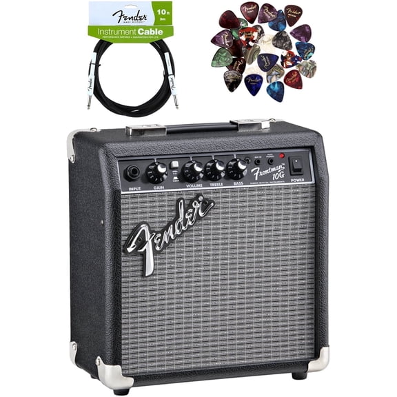 Fender Frontman 10G Electric Guitar Amplifier Bundle with Instrument Cable and Pick Sampler