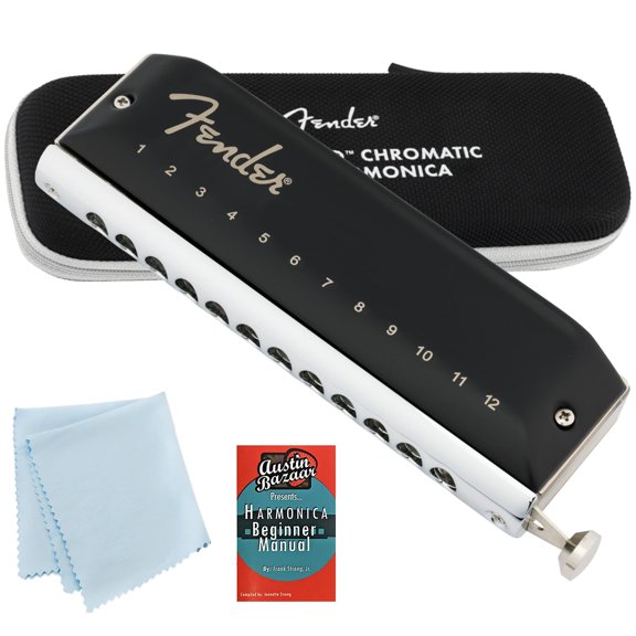Fender Groove Pro Chromatic 12-Hole Harmonica - Key of C Bundle with Case, Polishing Cloth, and Austin Bazaar Instructional Manual