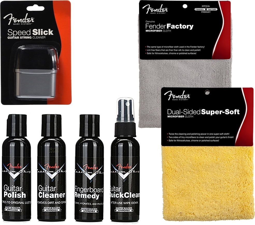 Fender Guitar Super Care Kit Bundle with Custom Shop Deluxe Guitar Care System 4 Pack, Speed Stick String Cleaner, Super-Soft Dual-Sided Microfiber Cloth, and Fender Factory Microfiber Cloth