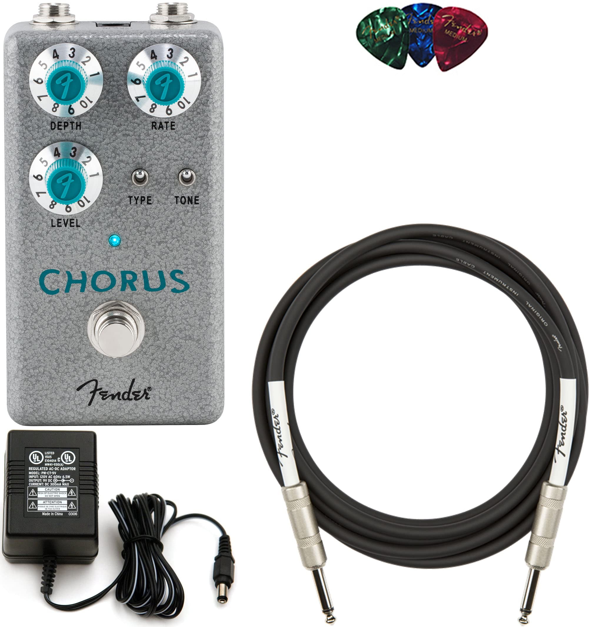 Fender Hammertone Chorus Bundle with Power Supply, Instrument Cable, and Picks