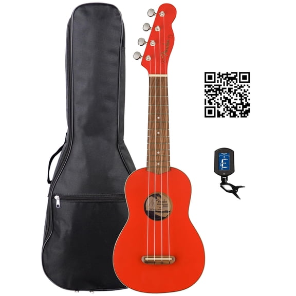 Fender Venice Soprano Ukulele - Fiesta Red Bundle with Gig Bag, Tuner, and Austin Bazaar Instructional Video