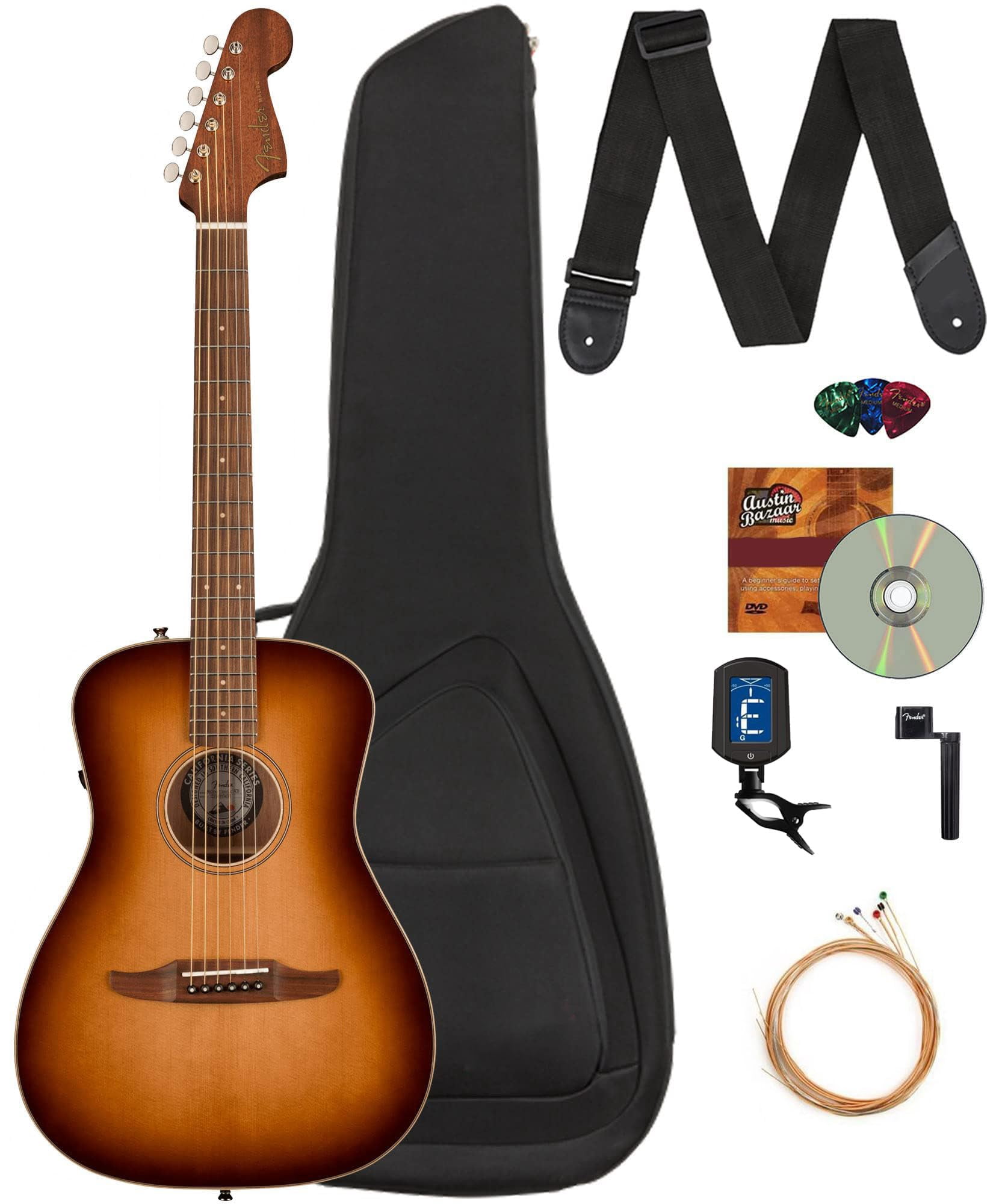 Fender Malibu Classic Acoustic Electric Guitar Bundle with Gig Bag, Strap, Clip-on Tuner, Strings, String Winder, Picks, and Austin Bazaar Instructional DVD - Aged Cognac Burst