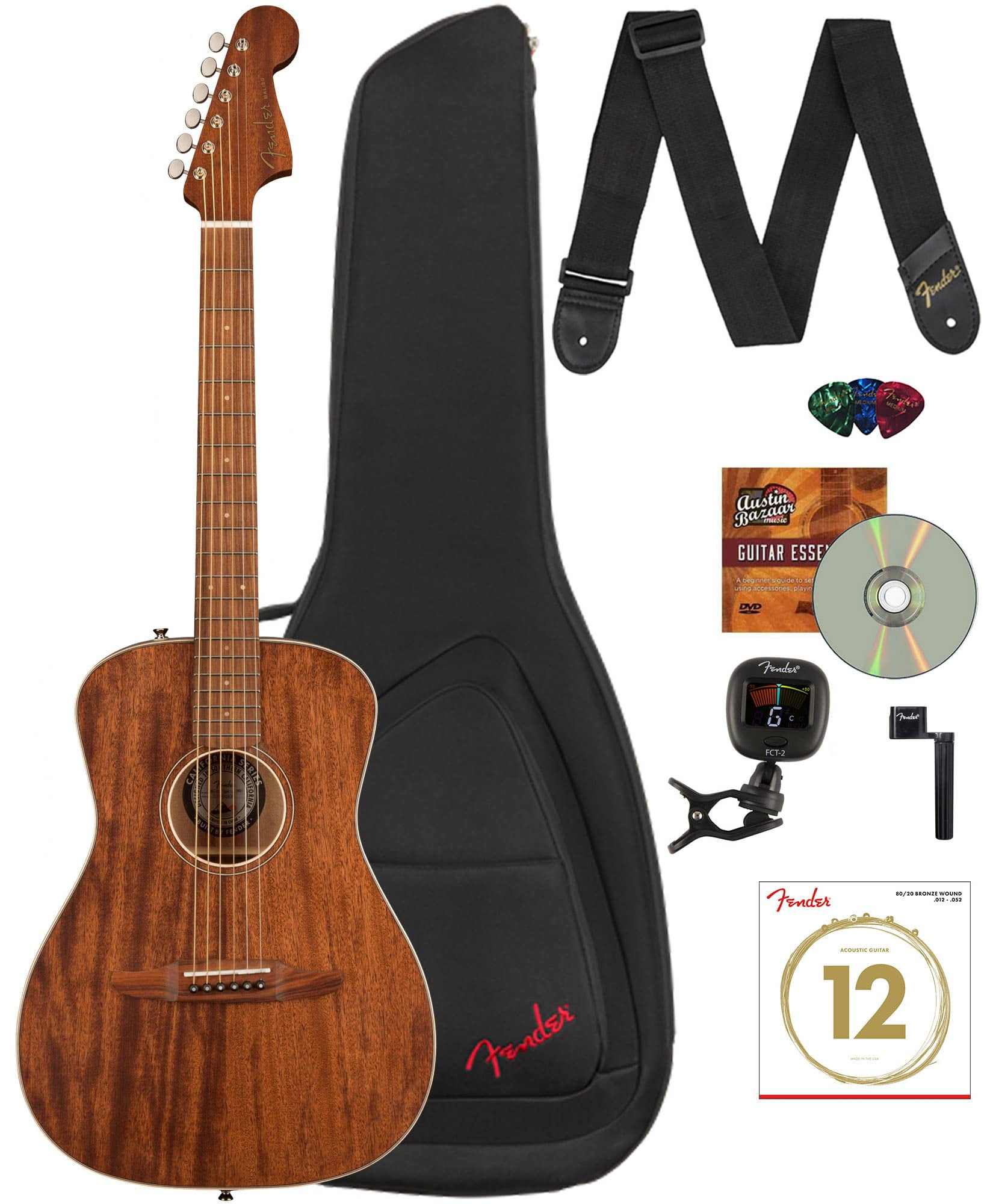 Fender Malibu Special Acoustic Electric Guitar Bundle with Gig Bag, Strap, Clip-on Tuner, Strings, String Winder, Picks, and Austin Bazaar Instructional DVD - Natural