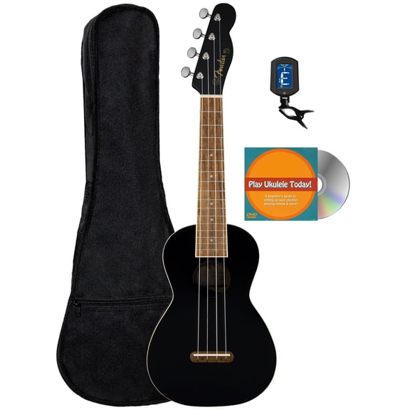 Fender Monterey Concert Ukulele - Black Bundle with Gig Bag, Tuner, and Austin Bazaar Instructional DVD