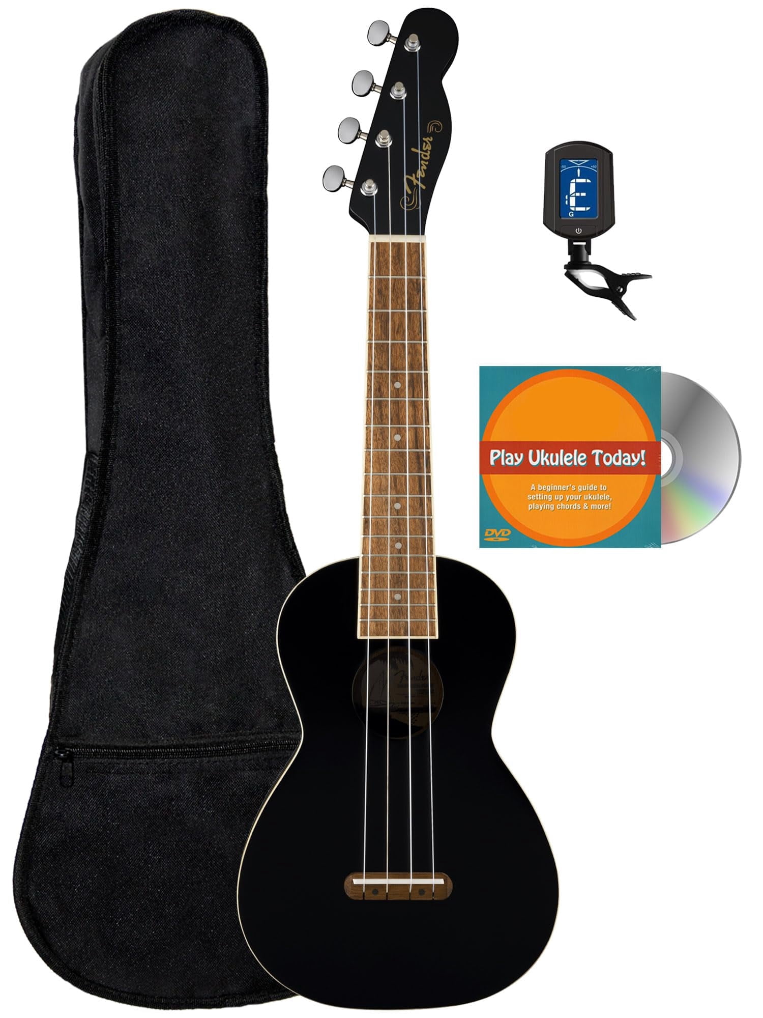 Fender Monterey Concert Ukulele - Black Bundle with Gig Bag, Tuner, and Austin Bazaar Instructional DVD