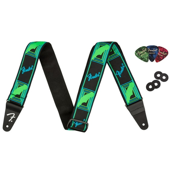 Fender Neon Monogrammed 2-Inch Guitar Strap - Blue and Green w/ Strap Blocks