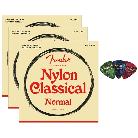 Fender Nylon Classical Guitar Strings, Normal Tension, .028-.043, Tie End - 3 Pack w/ Picks