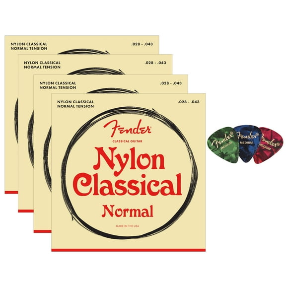 Fender Nylon Classical Guitar Strings, Normal Tension, .028-.043, Tie End - 4 Pack w/ Picks