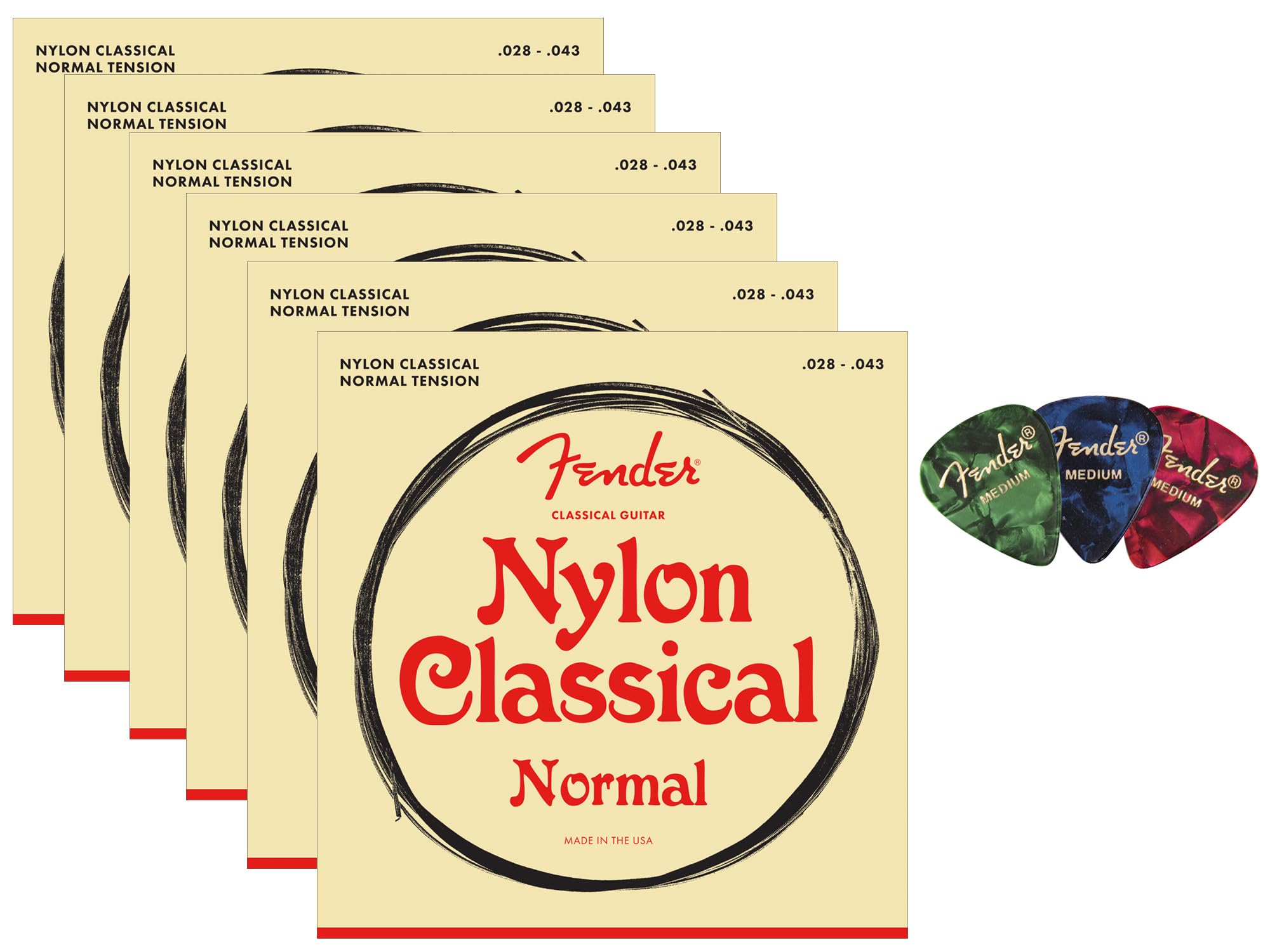 Fender Nylon Classical Strings - Tie End 6-Pack Bundle with 3-Pack Picks