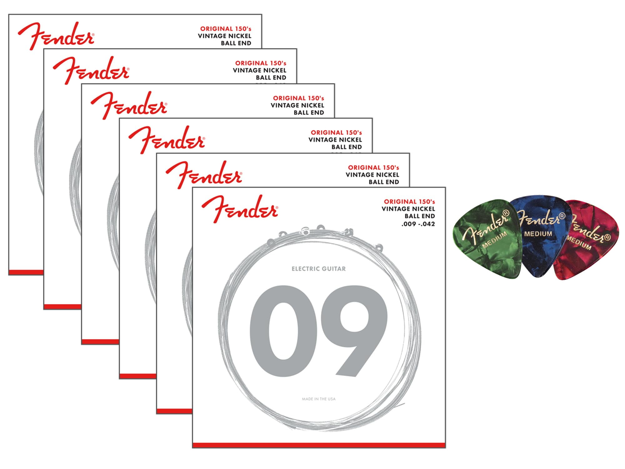 Fender Original 150 Pure Nickel Electric Guitar Strings Wound, Ball End - Light .009-.042 6-Pack Bundle with 3-Pack Picks