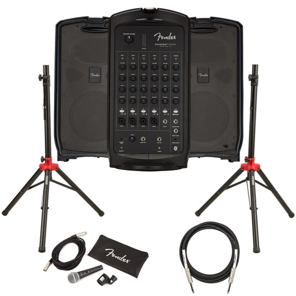 Fender Passport Event S2 Portable PA System Bundle with Microphone, Compact Speaker Stands, XLR Cable, and Instrument Cable
