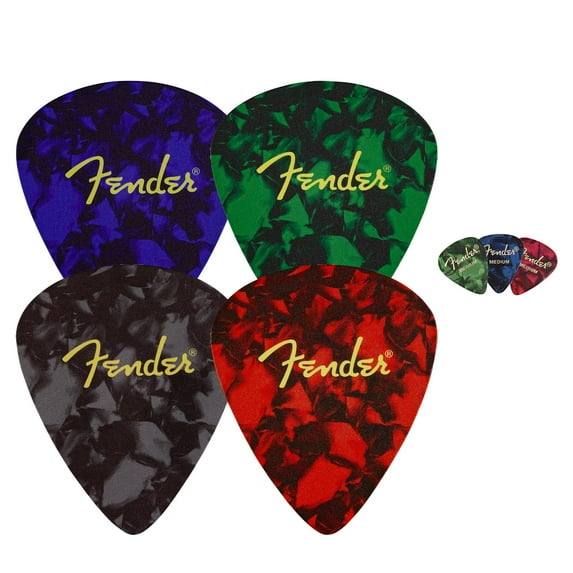 Fender Pick Shape 4-Pack Multi-Color Logo Coaster Set Bundle with Picks