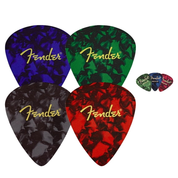Fender Pick Shape 4-Pack Multi-Color Logo Coaster Set Bundle with Picks
