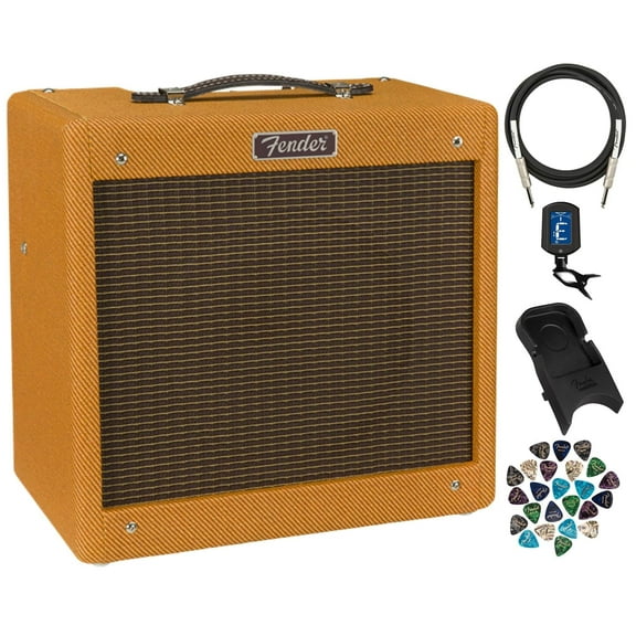 Fender Pro Junior IV Guitar Amplifier, Lacquered Tweed Bundle with Instrument Cable, Amperstand Guitar Cradle, Tuner, and 24-Pack Picks