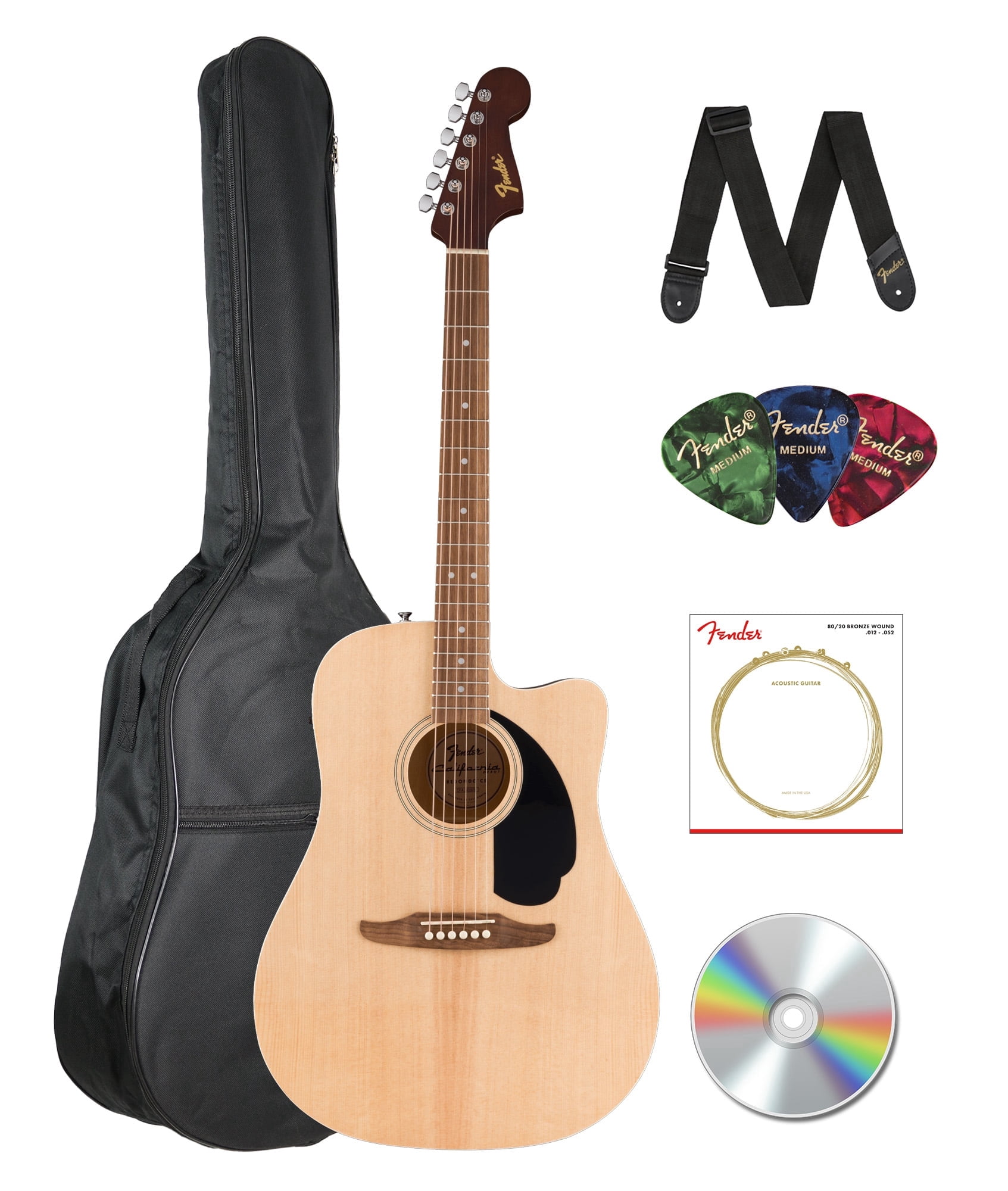 Fender Redondo CE Dreadnought Acoustic-Electric Guitar - Natural Bundle with Gig Bag, Strap, Strings, Picks, and Austin Bazaar Instructional Video