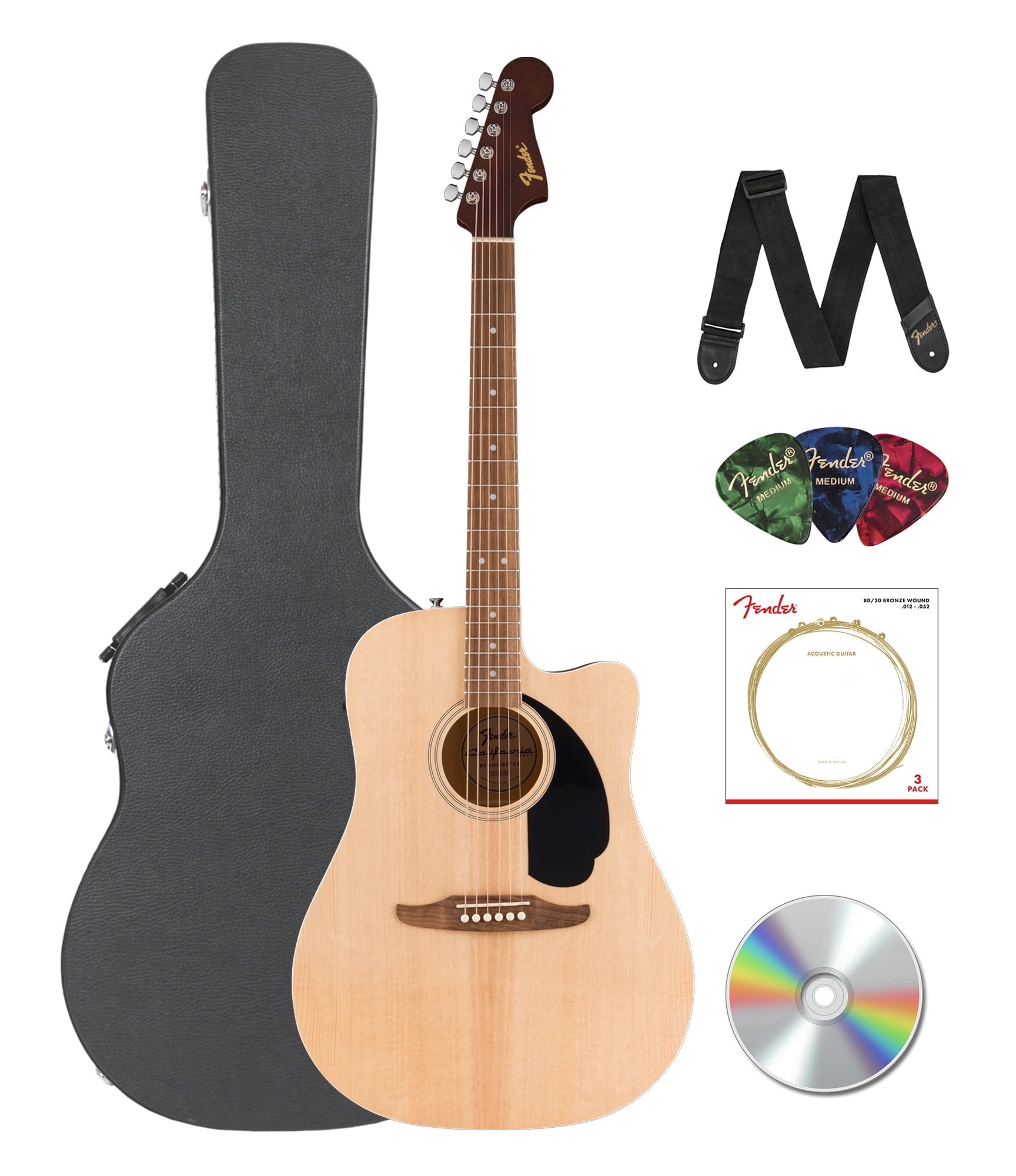 Fender Redondo CE Dreadnought Acoustic-Electric Guitar - Natural Bundle with Hard Case, Strap, Strings, Picks, and Austin Bazaar Instructional Video
