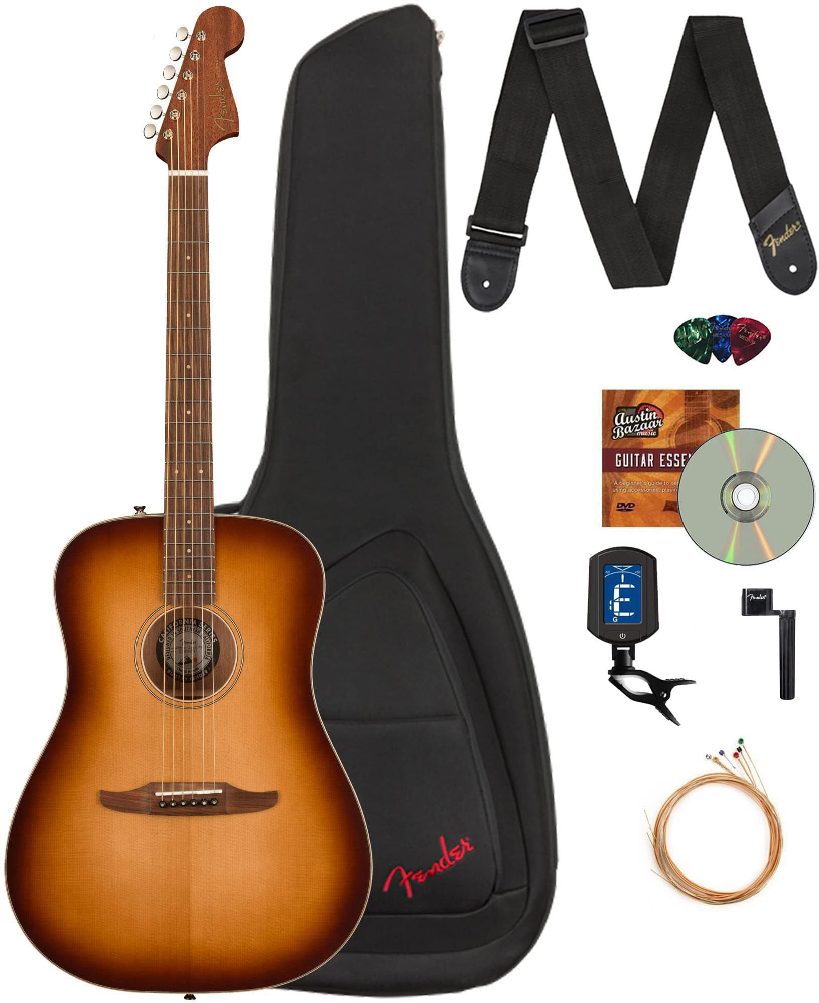 Fender Redondo Classic Acoustic Electric Guitar Bundle with Gig Bag, Strap, Clip-on Tuner, Strings, String Winder, Picks, and Austin Bazaar Instructional DVD - Aged Cognac Burst
