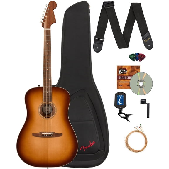 Fender Redondo Classic Acoustic Electric Guitar Bundle with Gig Bag, Strap, Clip-on Tuner, Strings, String Winder, Picks, and Austin Bazaar Instructional DVD - Aged Cognac Burst