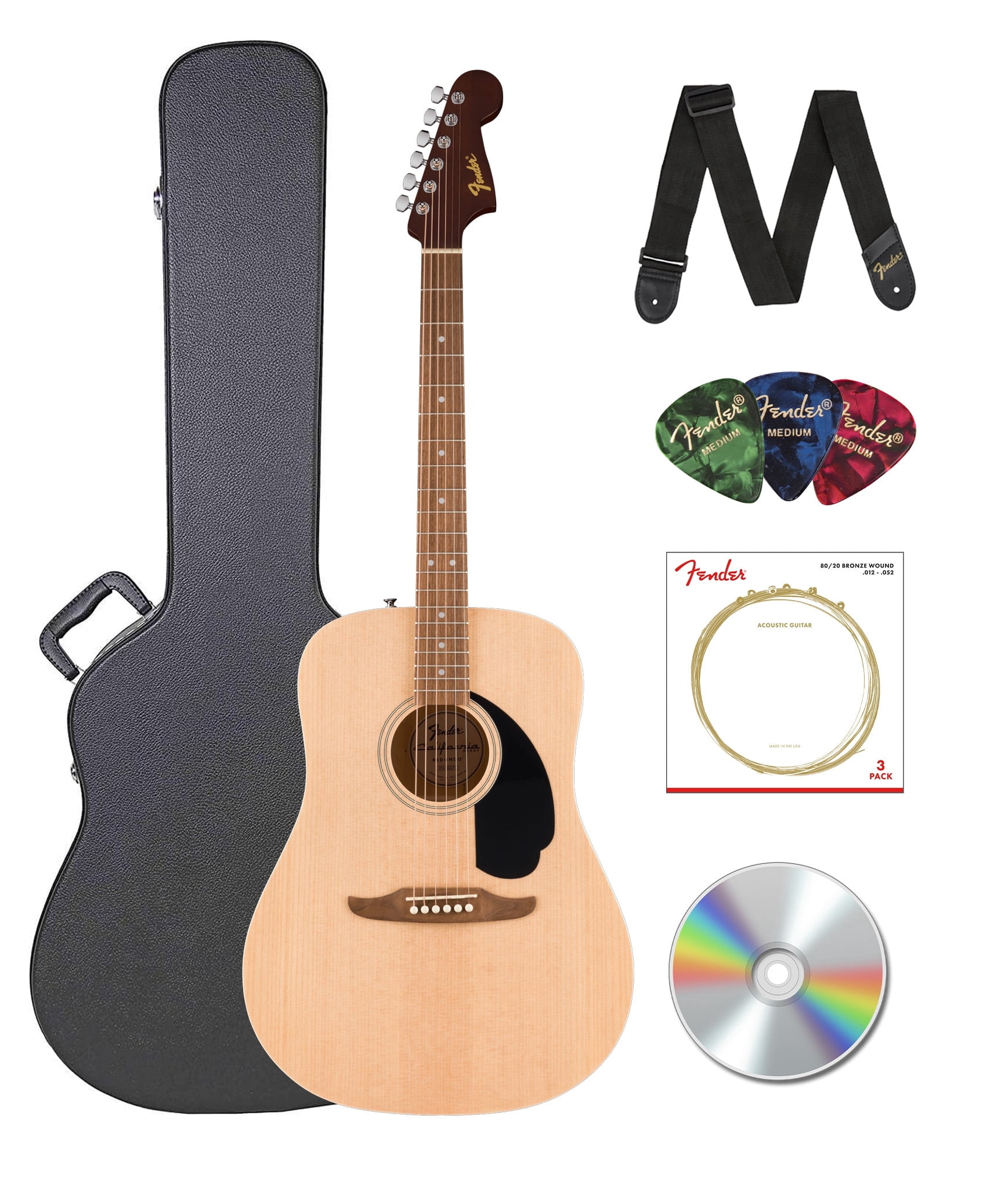 Fender Redondo Dreadnought Acoustic Guitar - Natural Bundle with Hard Case, Strap, Strings, Picks, and Austin Bazaar Instructional Video