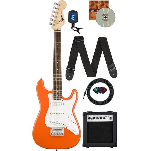 Fender Squier 3/4-Size Kids Mini Strat Electric Guitar - Competition Orange w/ Amplifier