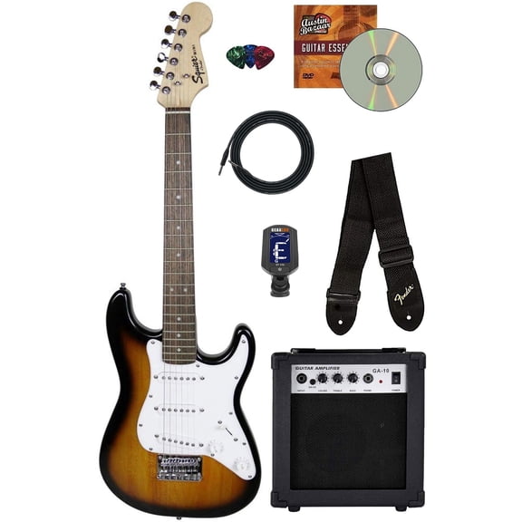 Fender Squier 3/4-Size Kids Mini Strat Electric Guitar - Sunburst Bundle with Amplifier, Cable, Tuner, Strap, Picks, and Austin Bazaar Instructional DVD