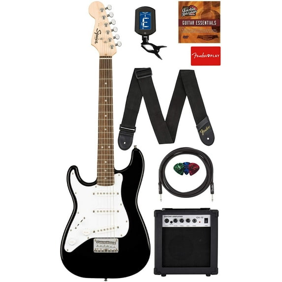 Fender Squier 3/4-Size Kids Mini Strat Electric Guitar, Left Handed - Black w/ Amplifier